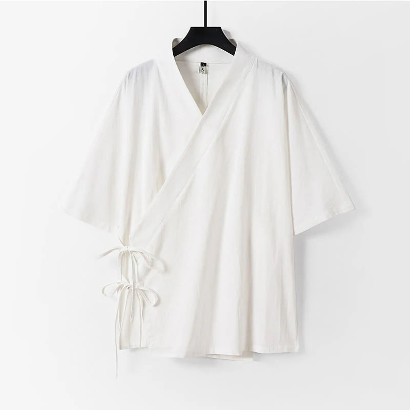 Buddha Stones Plain Lace-up Cotton Linen Men's Three Quarter Sleeve Kimono