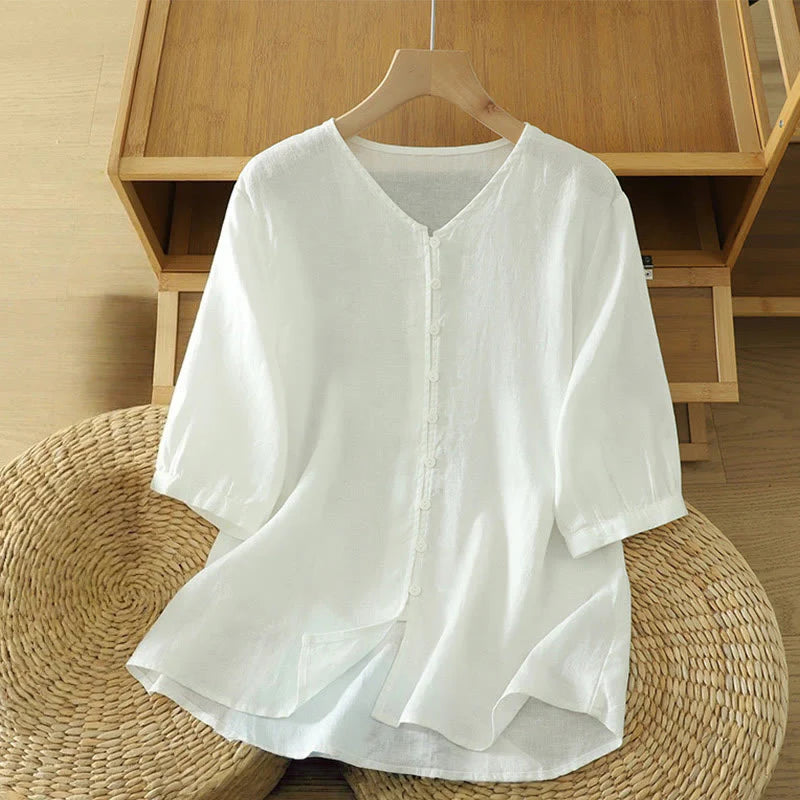 Buddha Stones Solid Buttons V-Neck Half Sleeve Women's Shirt