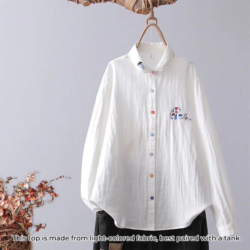 Buddha Stones Fall White Geometric Striped Flower Embroidery Button Women's Cotton Long Sleeve Shirt