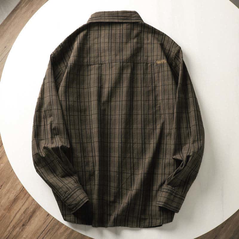 Buddha Stones Fall Commute Embroidery Plaid Pattern Men's Cotton Long Sleeve Shirts With Pocket