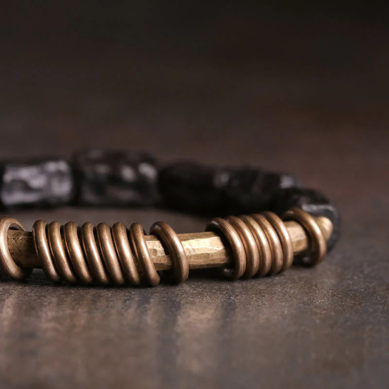 Buddha Stones Ebony Wood Copper Brass Circular Ring Peace Bracelet