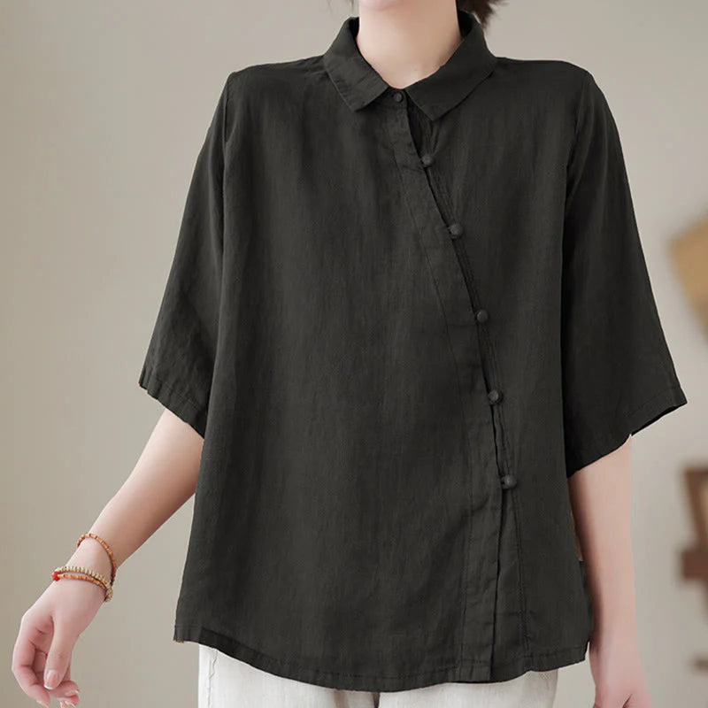 Buddha Stones Lapel Frog-Button Diagonal Placket Design Three Quarter Sleeve Women's Cotton Shirt