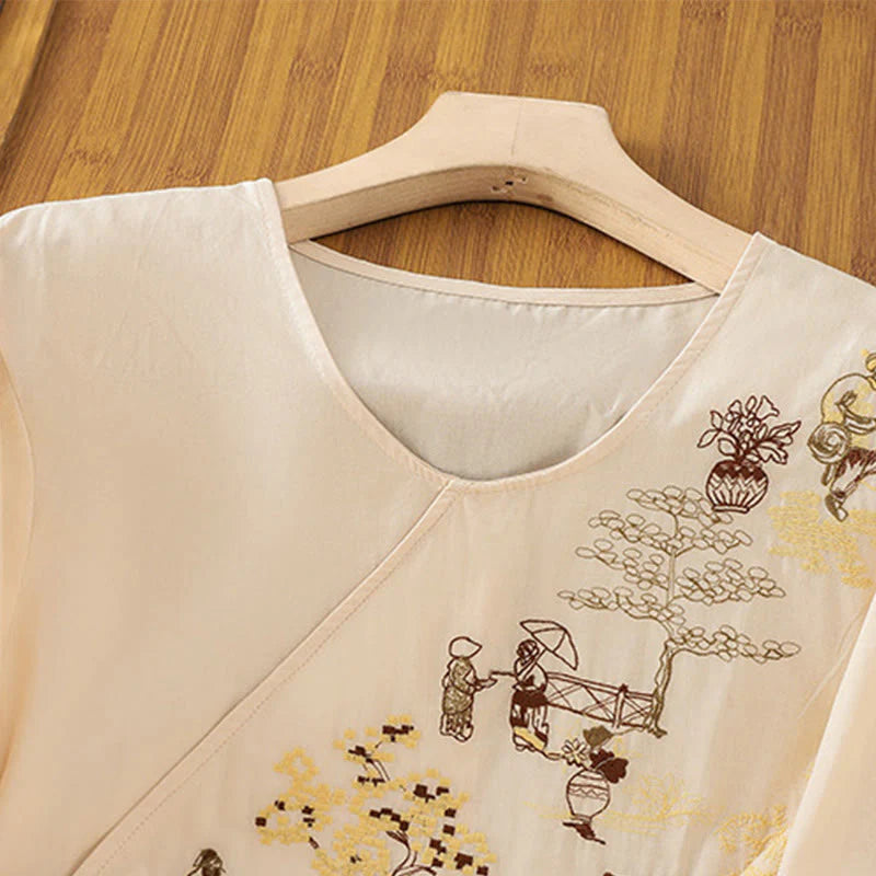 Buddha Stones Retro Embroidery Lace-Up Women's Three Quarter Sleeve Cotton Linen T-Shirt