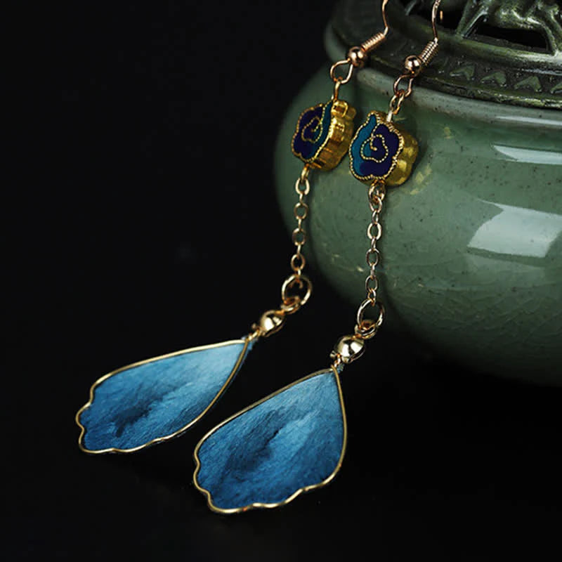 Buddha Stones Handcrafted Silk Art Petal Good Fortune Blessing Dangle Hook Earrings