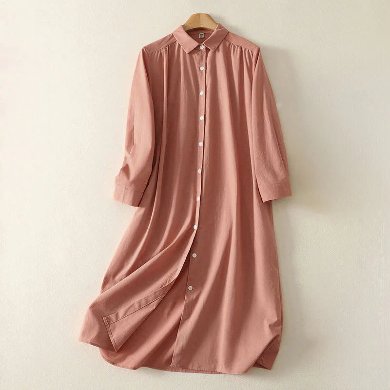Buddha Stones Fall Solid Color Lapel Buttons Long Sleeve Cotton Midi Dress With Pockets