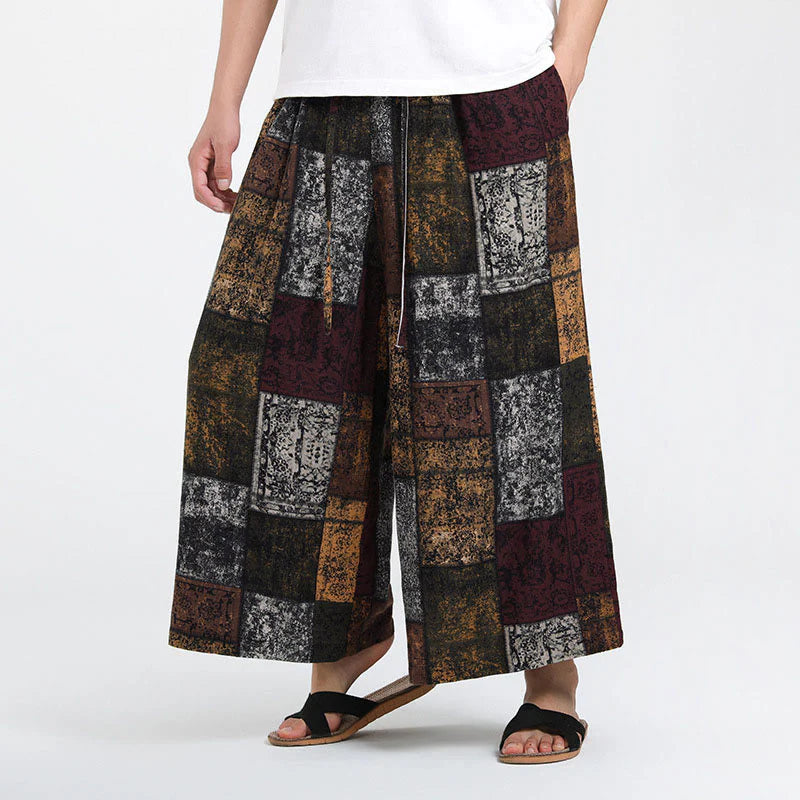 Buddha Stones Summer Patchwork Design 7-8 Length Men's Wide Leg Pants With Pockets