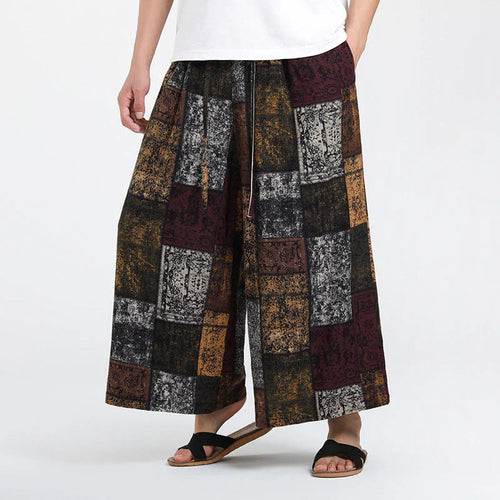Buddha Stones Summer Patchwork Design 7-8 Length Men's Wide Leg Pants With Pockets