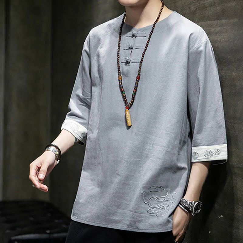 Buddha Stones Summer Embroidery Plain Frog-Button Men's Crew Neck Half Sleeve Cotton Linen Shirt Clothing