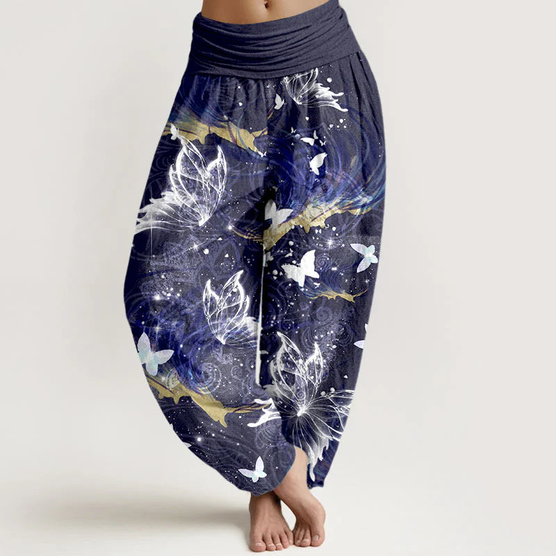 Buddha Stones Pure Cotton Dreamlike Butterfly Line Pattern Women's Elastic Waist Harem Pants