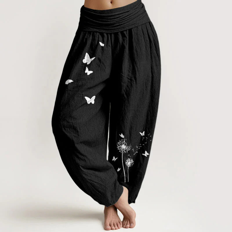 Buddha Stones Pure Cotton Elegant Butterfly Dandelion Pattern Women's Elastic Waist Harem Pants