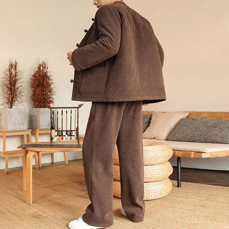 Buddha Stones 2Pcs Winter Solid Men's Tang Suit Frog-Button Cotton Long Sleeve Jacket Pants Set With Pockets