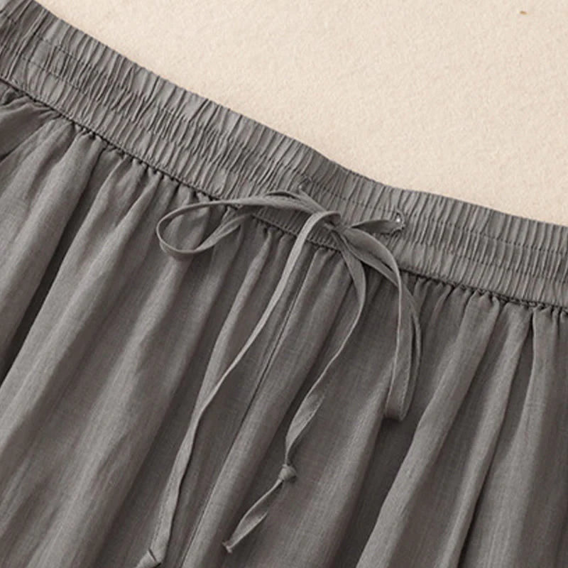 Buddha Stones Causal Vintage Plain Drawstring Lace Patchwork Design Women's Wide Leg Cotton Elastic Waistband Pants With Pockets