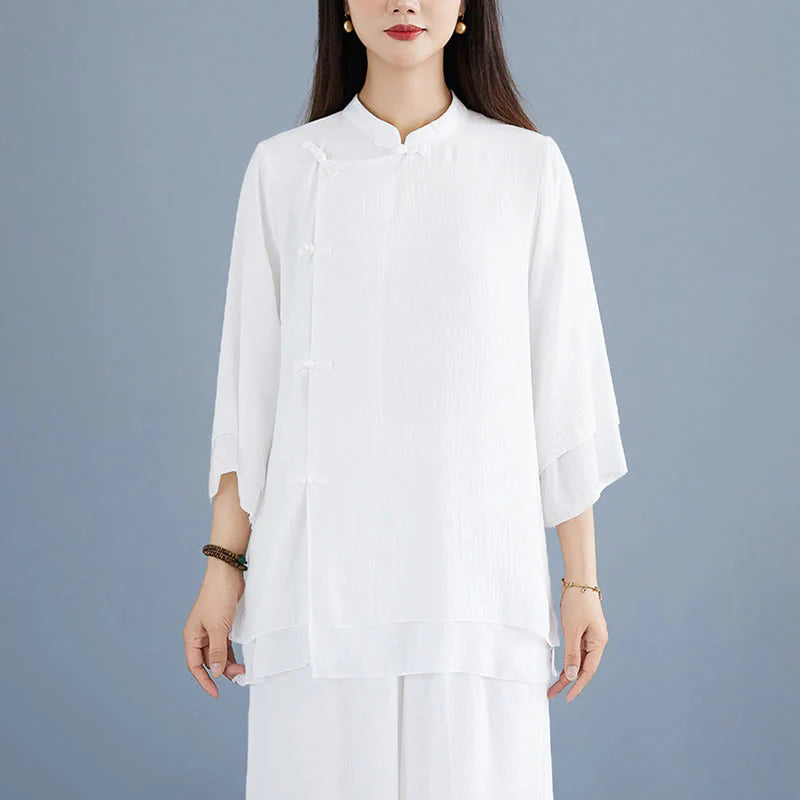 Buddha Stones 2Pcs Solid Color White Frog-Button Three Quarter Sleeve Shirt Wide Leg Pants Meditation Zen Clothing Women's Set