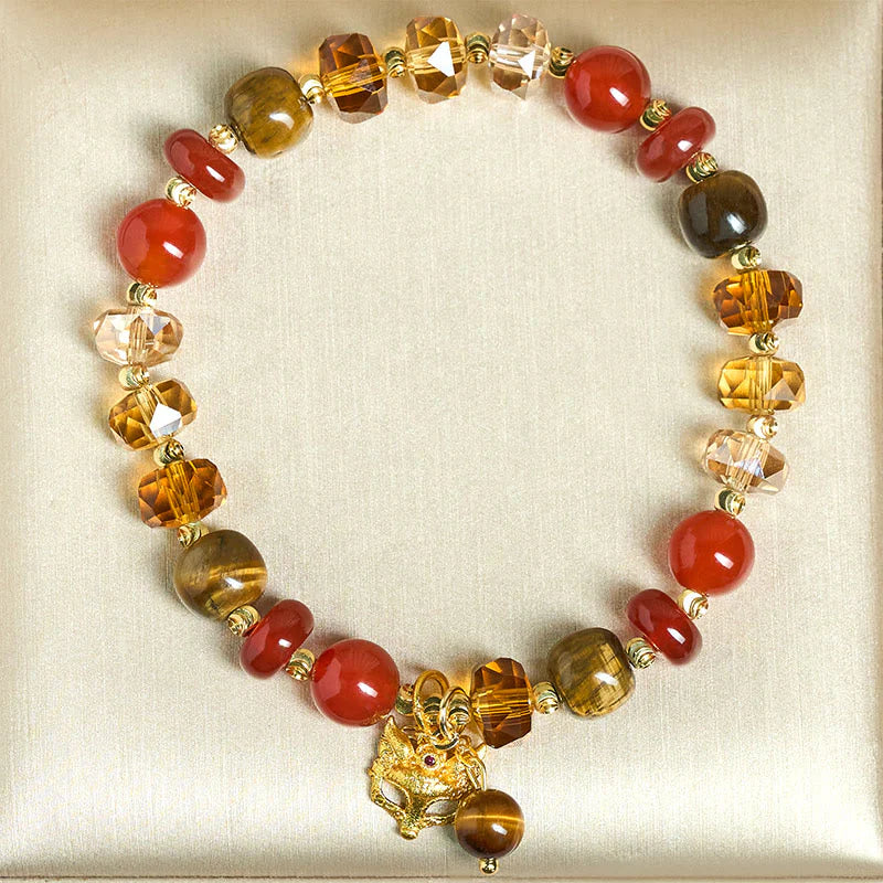 Buddha Stones Red Agate Tiger Eye Fox Charm Calm Beaded Bracelet