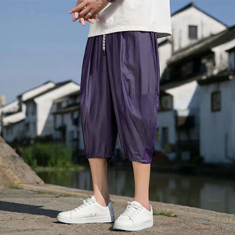 Buddha Stones Summer Elastic Waist Drawstring Solid Color Half Men's Tapered Pants With Pockets