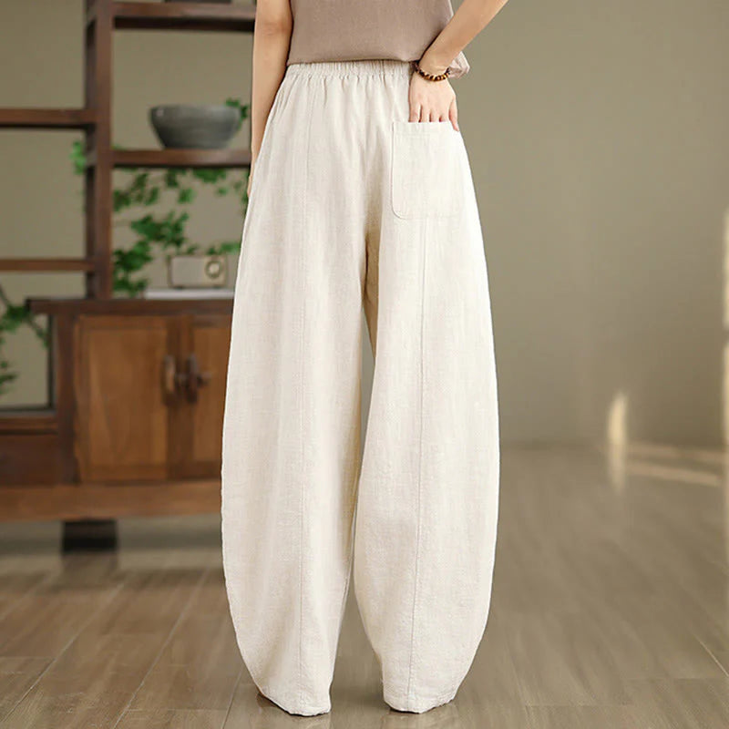 Buddha Stones Solid Color Cotton Linen Women's Straight Leg Pants With Pockets