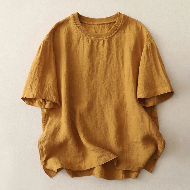 Buddha Stones Plain Threaded Crew Neck Design Women's Polyester Short Sleeves Shirt
