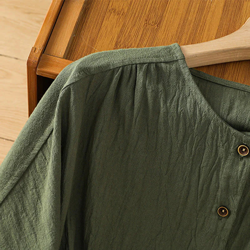 Buddha Stones Casual Plain Buttons Half Sleeve Women's Cotton Linen Shirt With Pocket
