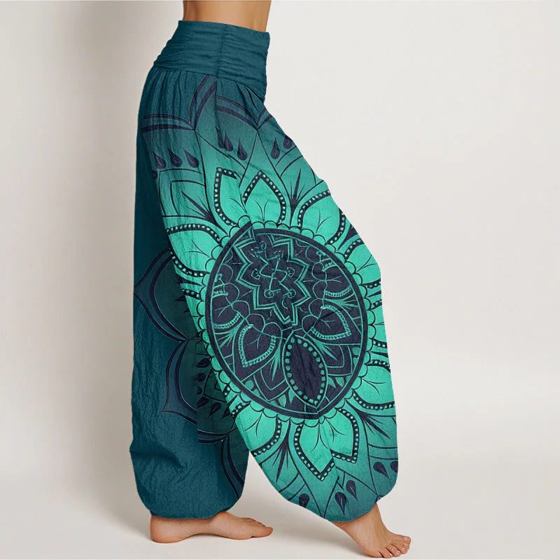 Buddha Stones Cotton Symmetrical Mandala Pattern Women's Elastic Waist Harem Pants