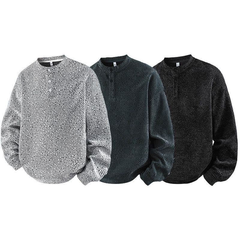 Buddha Stones Fall Crew Neck Stripes Button Men's Sweatshirt Pullover
