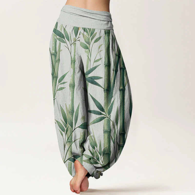 Buddha Stones Cotton Casual Bamboo Leaves Pattern Women's Elastic Waist Harem Pants