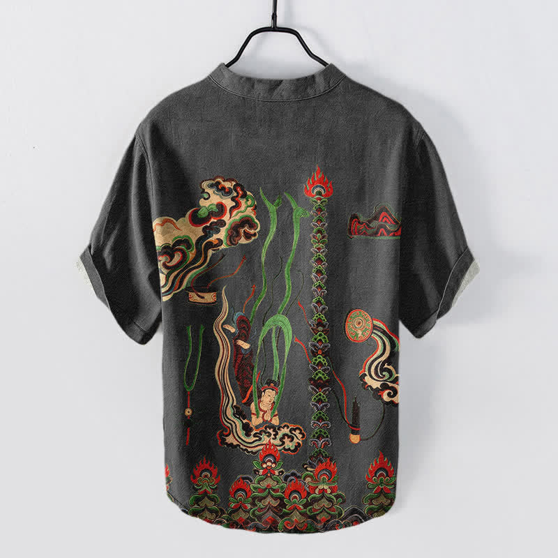Buddha Stones Cotton Mural Cloud Pattern Men's Short Sleeve Half Button Shirt