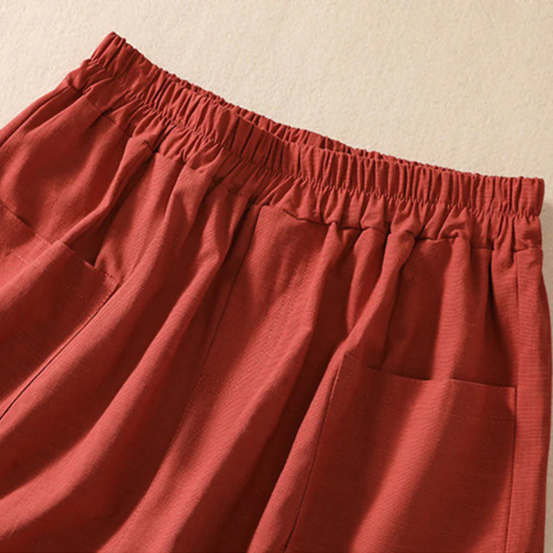 Buddha Stones Summer Casual Elastic Waist Plain Women's Polyester Shorts With Pockets
