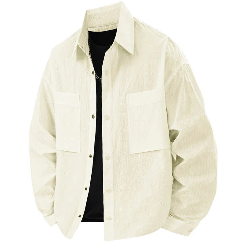 Buddha Stones Spring Solid Color Textured Long Sleeve Button Men's Lapel Shirts With Pocket