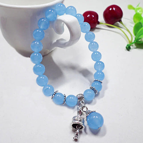 Buddha Stones Vintage Crystal Chalcedony Stone Energy Beaded Bell Charm Bracelet