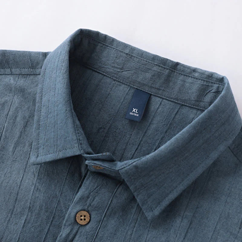 Buddha Stones Summer Solid Pleated Design Men's Half Button Short Sleeve Cotton Ramie Shirt