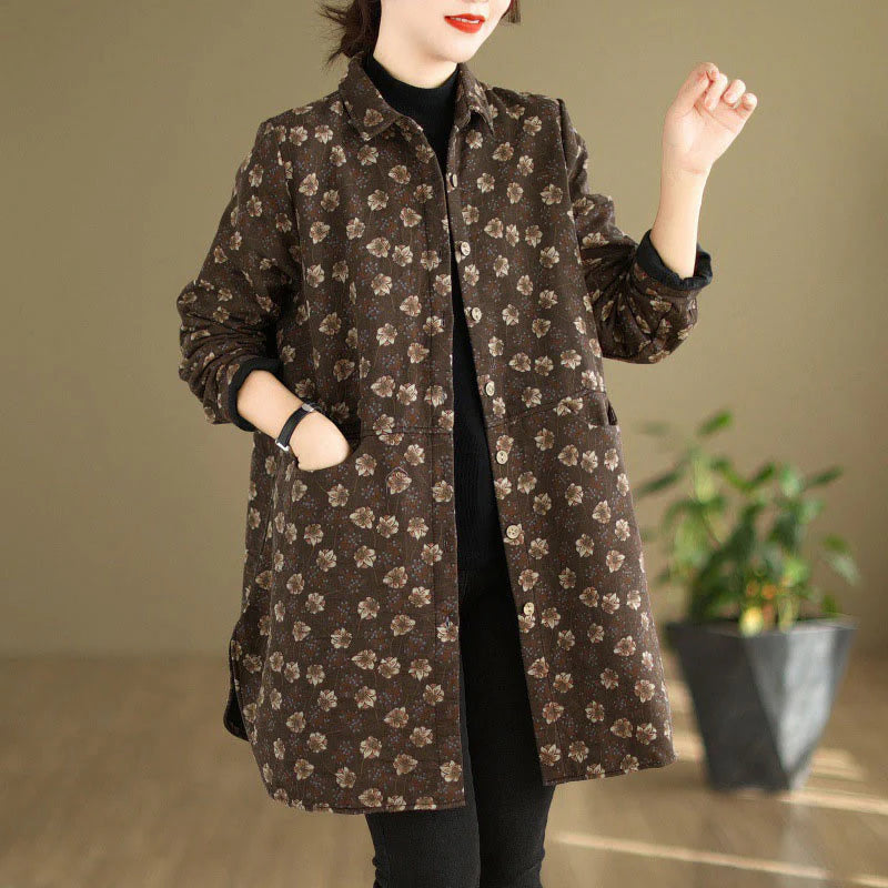 Buddha Stones Fall Winter Buttons Flower Patterns Long Sleeve Cotton Women's Jacket With Pockets