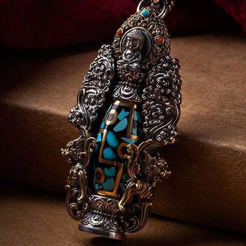 Buddha Stones Tibetan Nine-Eye Dzi Bead Turquoise Buddha Wealth Rotation Necklace (Extra 30% Off | USE CODE: FS30)