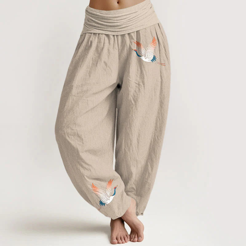 Buddha Stones Two Graceful Cranes Pattern Pure Cotton Women's Elastic Waist Harem Pants