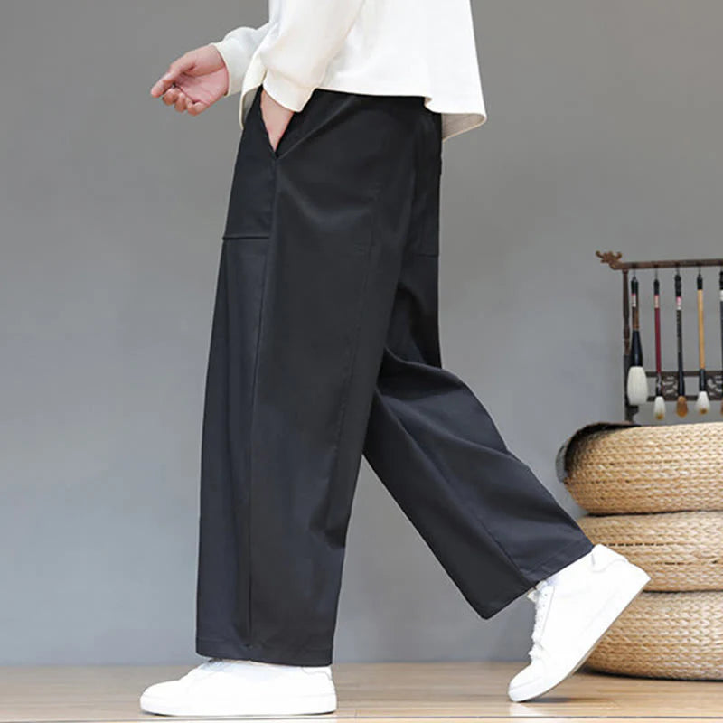 Buddha Stones Fall Pure Color Cotton Men's Cropped Harem Pants With Pockets