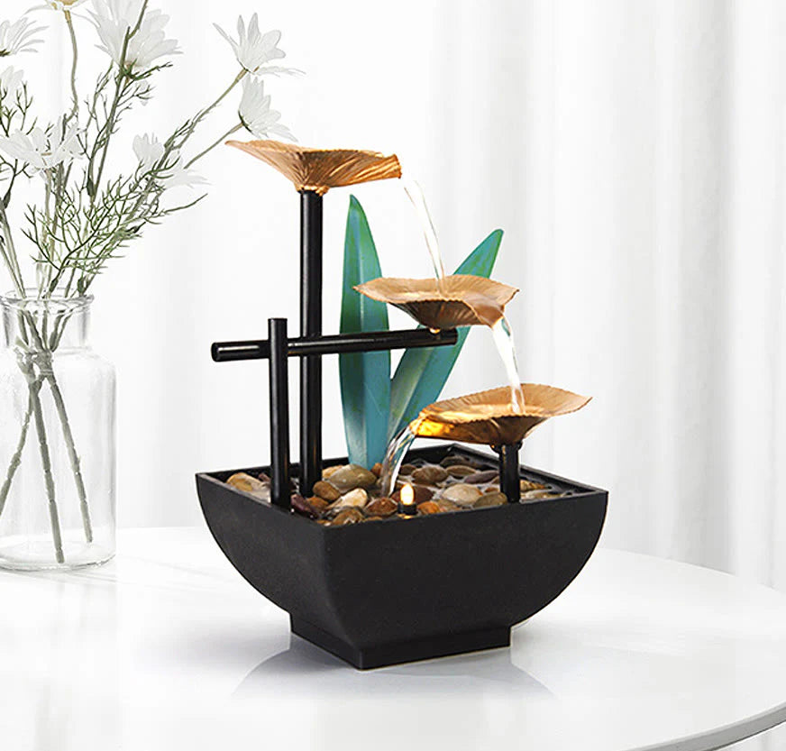 Buddha Stones Three Layers Waterfall Fountain Tabletop Lotus Ornaments With River Rocks Desktop Decoration