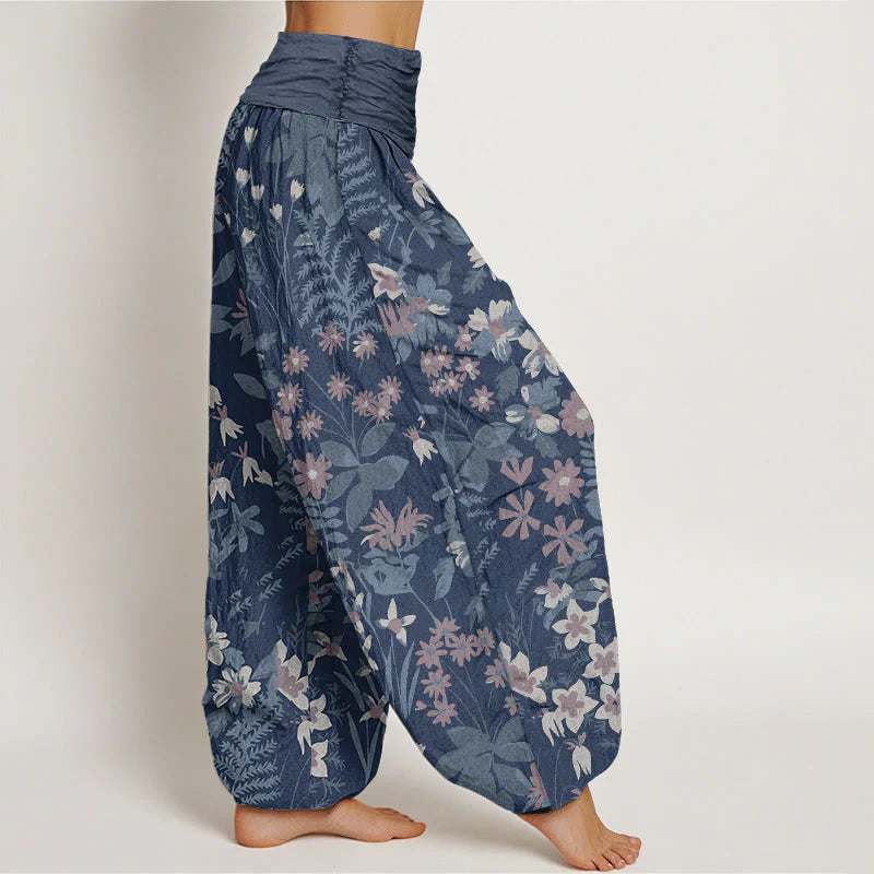 Buddha Stones Cotton Casual Daisy Flowers Leaves Design Women's Elastic Waist Harem Pants