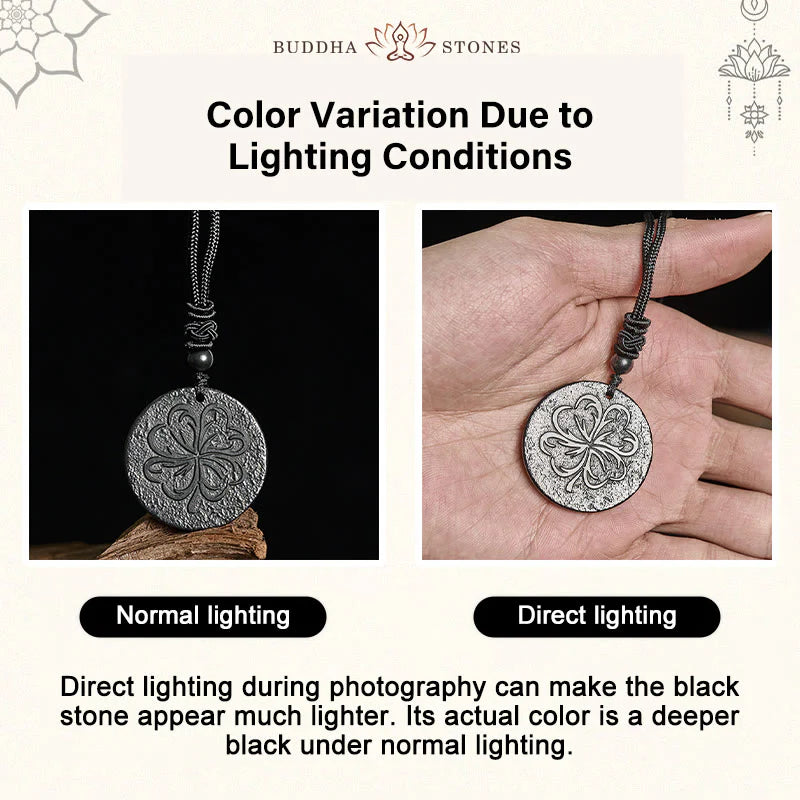 Buddha Stones Four Leaf Clover Authentic Shungite Stone Graphite Stone Protection Necklace Pendant