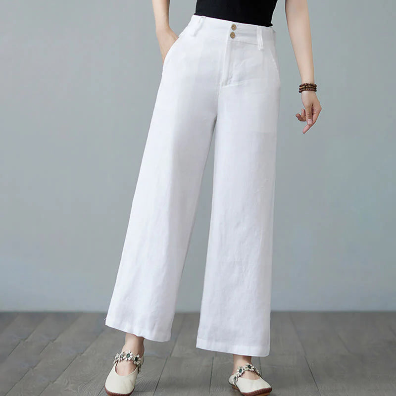 Buddha Stones Daily Solid Color Patchwork Simple Design Cotton Linen Women's Pants With Pockets