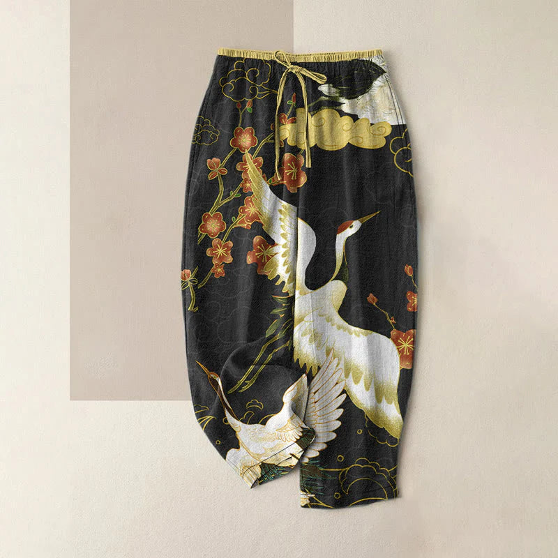 Buddha Stones Cotton Casual Cranes Flowers Auspicious Clouds Pattern Women's Elastic Waist Pants With Pockets