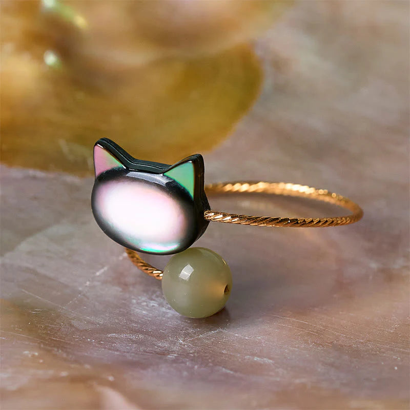 Buddha Stones Black Tridacna Stone Cat Jade Blessing Adjustable Ring