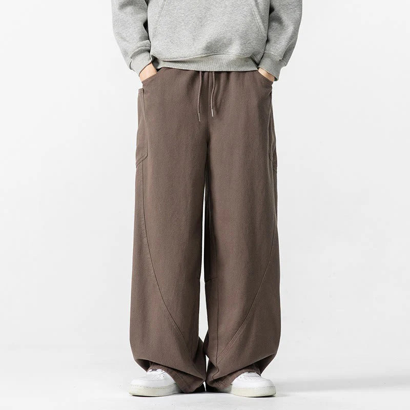Buddha Stones Fall Pure Color Men's Wide Leg Cotton Drawstring Pants With Pockets