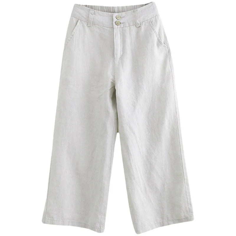 Buddha Stones Daily Solid Color Patchwork Simple Design Cotton Linen Women's Pants With Pockets