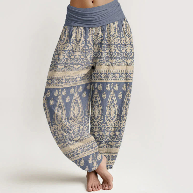 Buddha Stones Pure Cotton Casual Feather Stripes Design Women's Elastic Waist Harem Pants
