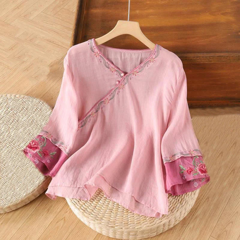 Buddha Stones Stand Collar Embroidery Button Design Three Quarter Sleeve Women's Shirt