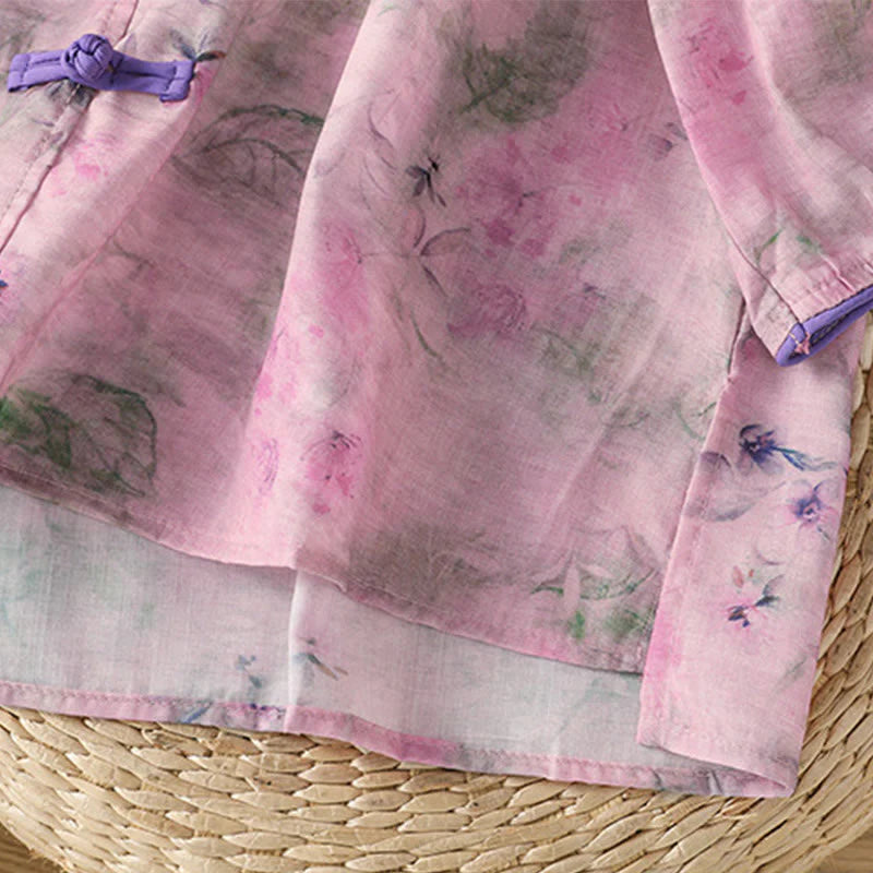 Buddha Stones Printing Floral Plain Chinese Frog-Button Women's Cotton Three Quarter Sleeve Shirt