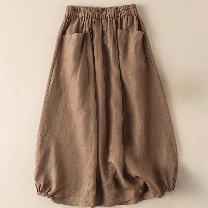 Buddha Stones Summer Solid Button Elastic Waist 7-8 Length Women's Skirt With Pockets