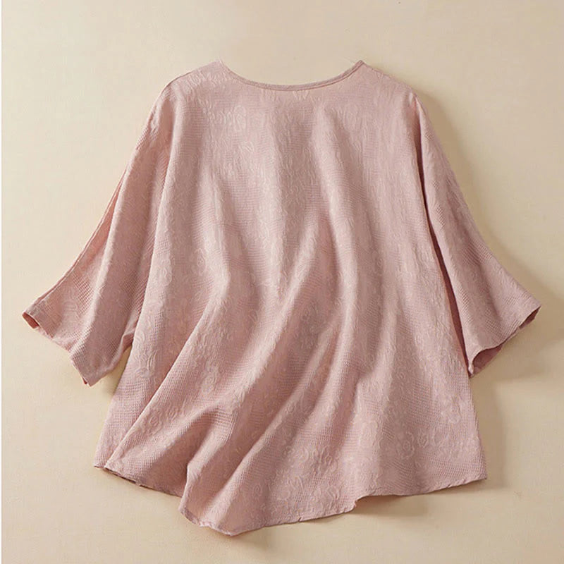 Buddha Stones Casual Flower Colorful Frog Button Half Sleeve Cotton Linen Women's Shirt