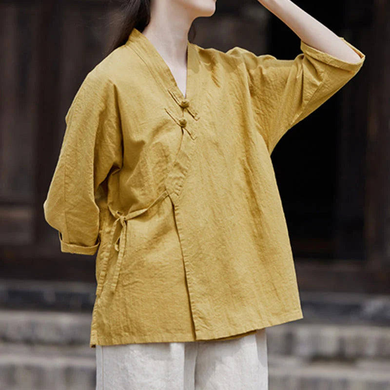 Buddha Stones Vintage  Zen Pure Color Lace Up Side Patchwork Design Women's Cotton Linen Half Sleeve Shirt Cardigan