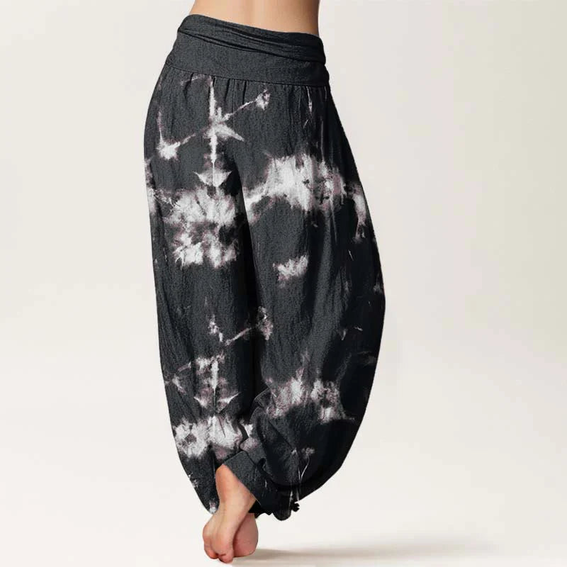 Buddha Stones Pure Cotton White Lines Spots Tie-Dye Pattern Women's Elastic Waist Harem Pants