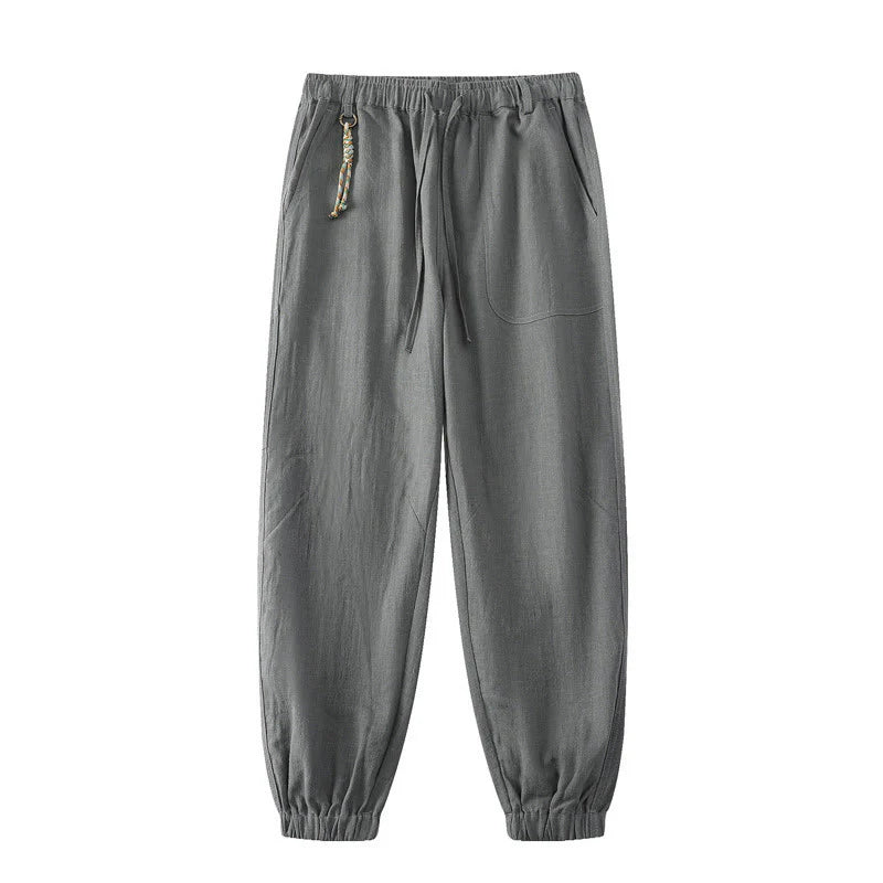 Buddha Stones Summer Ramie Linen Cotton Ankle-Length Elastic Cuffs Tapered Men's Pants With Pockets